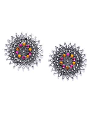 Infuzze Oxidised Silver-Toned & Pink Beaded Circular Drop Earrings 1