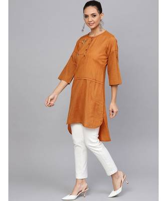 Mustard embroidered Straight Handloom Kurta 2