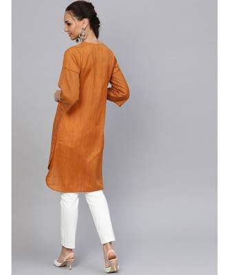 Mustard embroidered Straight Handloom Kurta 3