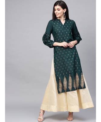 Teal Ethnic Motifs Straight Rayon Slub Kurta 1