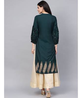 Teal Ethnic Motifs Straight Rayon Slub Kurta 2