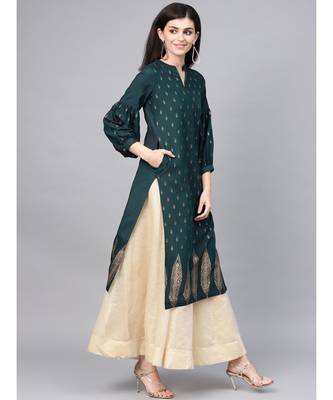 Teal Ethnic Motifs Straight Rayon Slub Kurta 3
