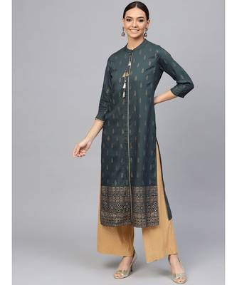 Charcoal Ethnic Motifs Straight Rayon Slub Kurta 1