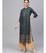 Charcoal Ethnic Motifs Straight Rayon Slub Kurta