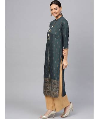 Charcoal Ethnic Motifs Straight Rayon Slub Kurta 2