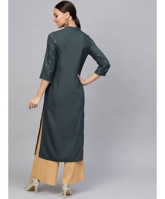 Charcoal Ethnic Motifs Straight Rayon Slub Kurta 3