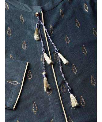 Charcoal Ethnic Motifs Straight Rayon Slub Kurta 4