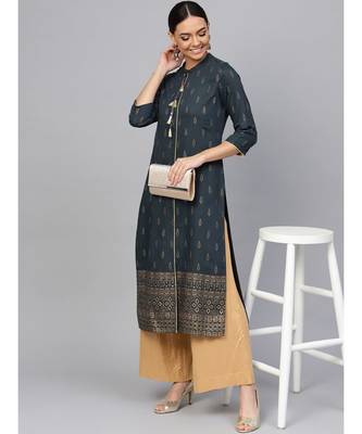 Charcoal Ethnic Motifs Straight Rayon Slub Kurta 5
