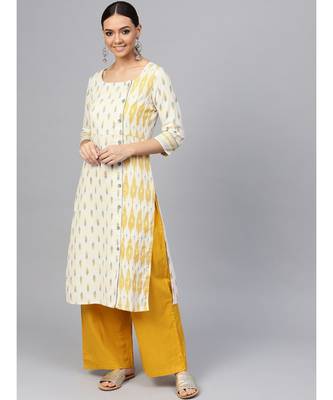 Off White Geometric Straight Cotton Slub Kurta 1