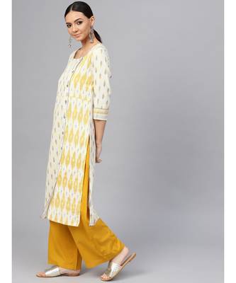 Off White Geometric Straight Cotton Slub Kurta 2