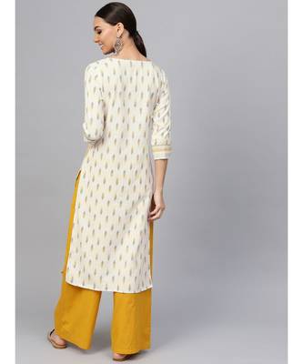 Off White Geometric Straight Cotton Slub Kurta 3