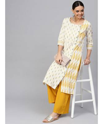 Off White Geometric Straight Cotton Slub Kurta 5