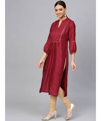 Maroon embroidered Straight Satin Silk Kurta 2