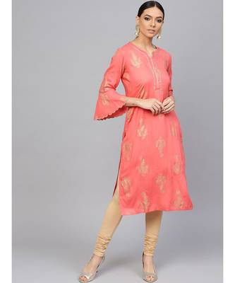 Peach Ethnic Motifs Straight Rayon Slub Kurta 1
