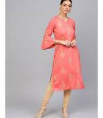Peach Ethnic Motifs Straight Rayon Slub Kurta