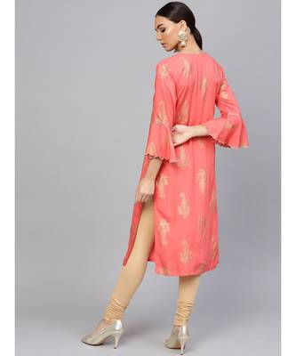 Peach Ethnic Motifs Straight Rayon Slub Kurta 2
