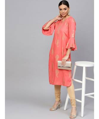 Peach Ethnic Motifs Straight Rayon Slub Kurta 3