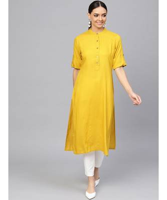Ochre Yellow Solid Straight Rayon Kurta 1