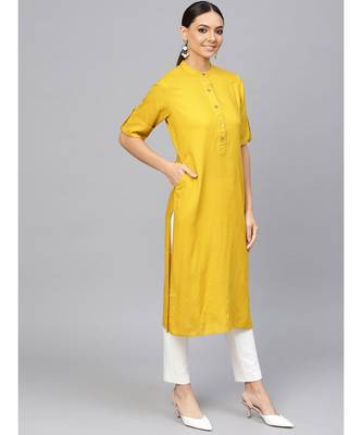 Ochre Yellow Solid Straight Rayon Kurta 2