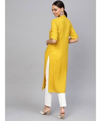 Ochre Yellow Solid Straight Rayon Kurta 3