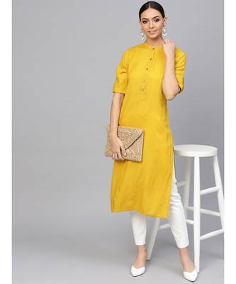 Ochre Yellow Solid Straight Rayon Kurta 5