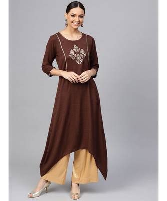 Brown embroidered A-Line Rayon Slub Kurta 1