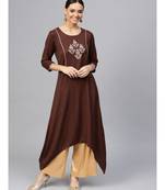 Brown embroidered A-Line Rayon Slub Kurta
