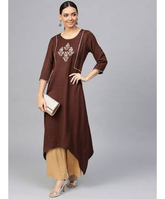 Brown embroidered A-Line Rayon Slub Kurta 2