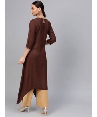 Brown embroidered A-Line Rayon Slub Kurta 3