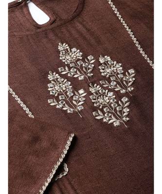Brown embroidered A-Line Rayon Slub Kurta 4