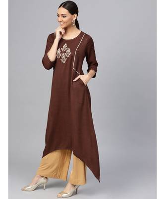 Brown embroidered A-Line Rayon Slub Kurta 5