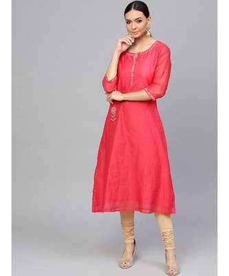 Pink embroidered A-Line Chanderi Kurta 1