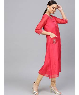 Pink embroidered A-Line Chanderi Kurta 2