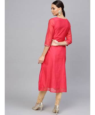 Pink embroidered A-Line Chanderi Kurta 3