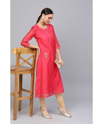 Pink embroidered A-Line Chanderi Kurta 5
