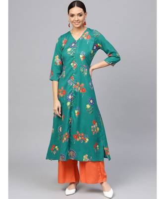 Sea Green Floral A-Line Rayon Slub Kurta 1