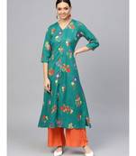 Sea Green Floral A-Line Rayon Slub Kurta