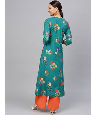 Sea Green Floral A-Line Rayon Slub Kurta 2