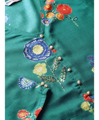 Sea Green Floral A-Line Rayon Slub Kurta 3