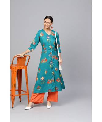 Sea Green Floral A-Line Rayon Slub Kurta 4