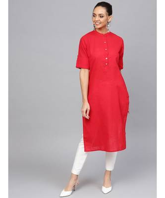 Red Solid Straight Cotton Slub Kurta 1