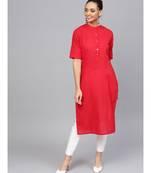 Red Solid Straight Cotton Slub Kurta