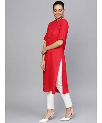 Red Solid Straight Cotton Slub Kurta 2