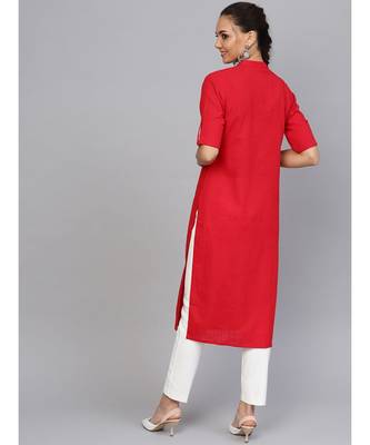 Red Solid Straight Cotton Slub Kurta 3