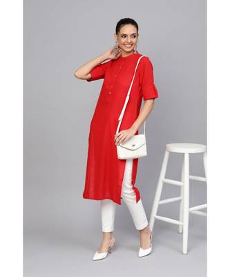 Red Solid Straight Cotton Slub Kurta 5