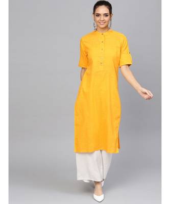 Yellow Solid Straight Cotton Slub Kurta 1