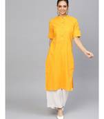 Yellow Solid Straight Cotton Slub Kurta