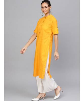 Yellow Solid Straight Cotton Slub Kurta 2