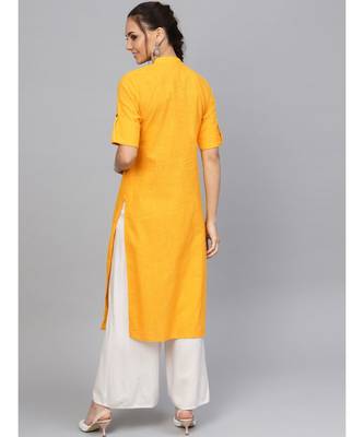 Yellow Solid Straight Cotton Slub Kurta 3
