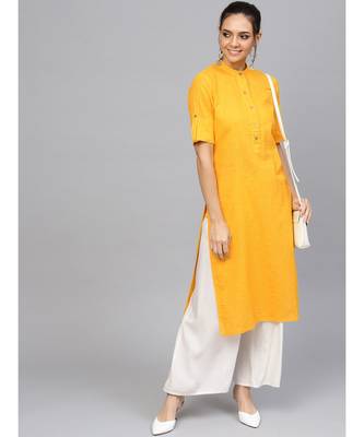 Yellow Solid Straight Cotton Slub Kurta 5